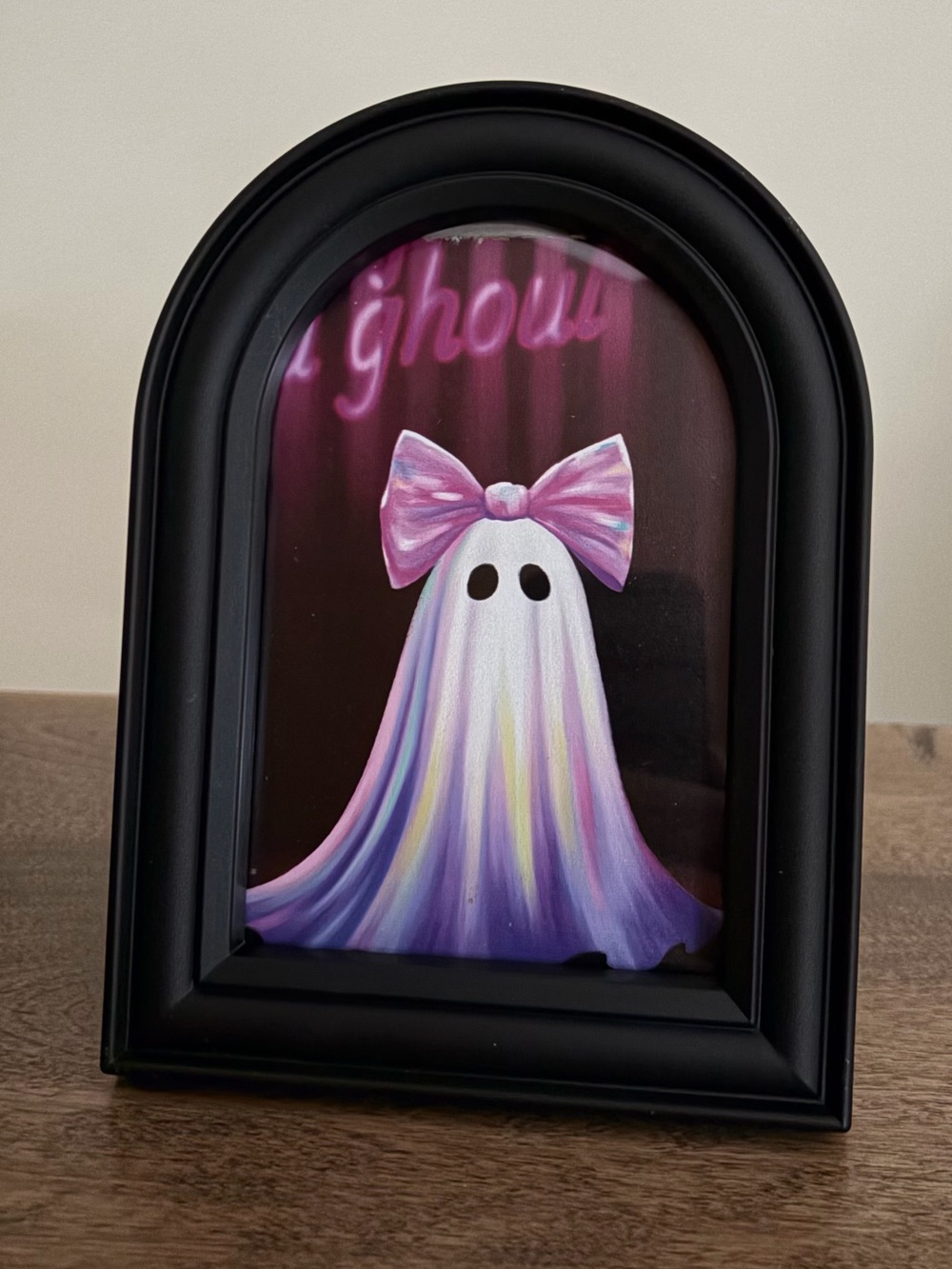 Girl Ghost Decor Pink Pastel Framed Art Cutie Ghost Pink Bow Arched Frame - Picture 2 of 2